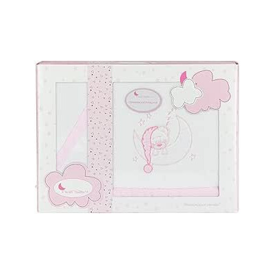 Sábanas de Coralina para minicuna Bear Sleeping, en blanco y rosa