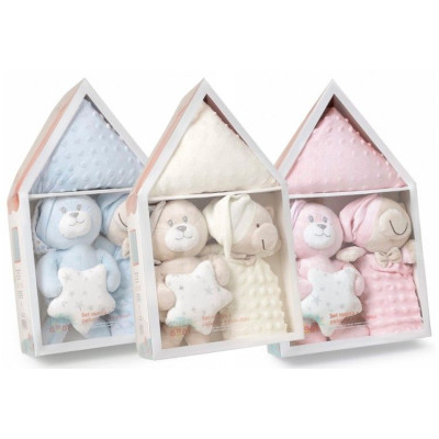 SET25 CASITA   Set Regalo 3 piezas Casita INTERBABY Manta+Peluche+Dou dou
