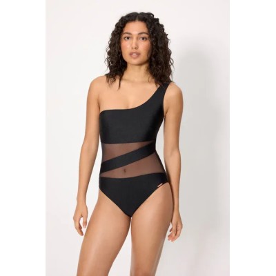 Bañador negro asimétrico con tul transparente con brillo negro copa B