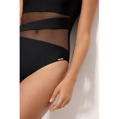 Bañador negro asimétrico con tul transparente con brillo negro copa B