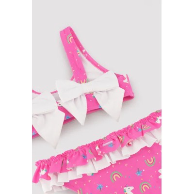 Bikini niña detalle volantes y lazos estampado unicornios