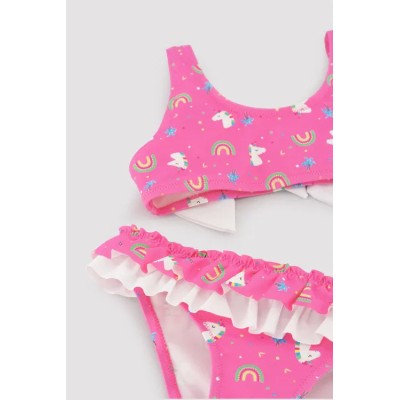 Bikini niña detalle volantes y lazos estampado unicornios