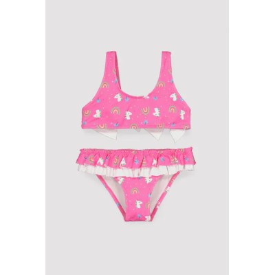 Bikini niña detalle volantes y lazos estampado unicornios