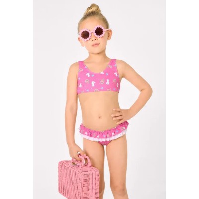 Bikini niña detalle volantes y lazos estampado unicornios