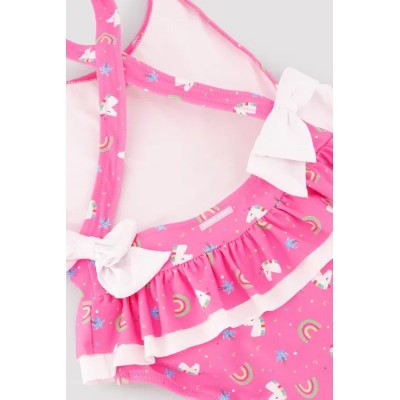 Bañador niña detalles volantes y lazos estampado unicornios