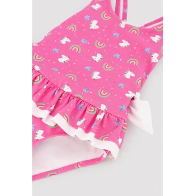 Bañador niña detalles volantes y lazos estampado unicornios