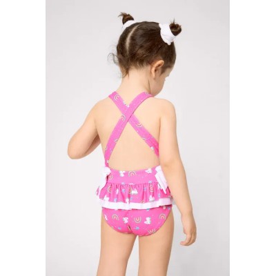 Bañador niña detalles volantes y lazos estampado unicornios