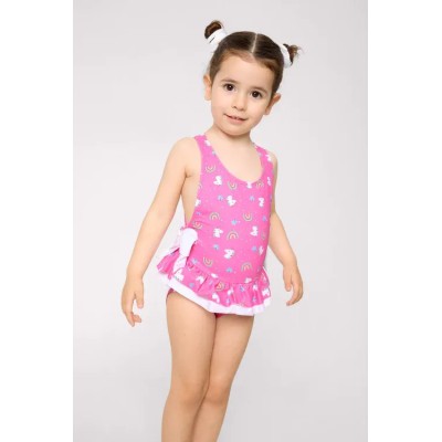 Bañador niña detalles volantes y lazos estampado unicornios