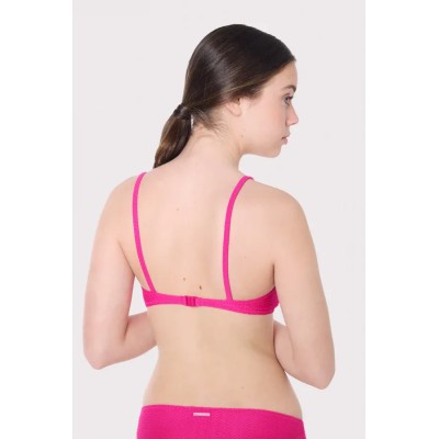 Top bikini juvenil texturizado detalles lazos fucsia